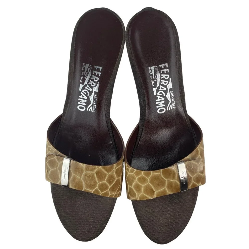 SALVATORE FERRAGAMO Crocodile Print Brown Leather Open Toe Kitten Heel Size 9 - Picture 9 of 13